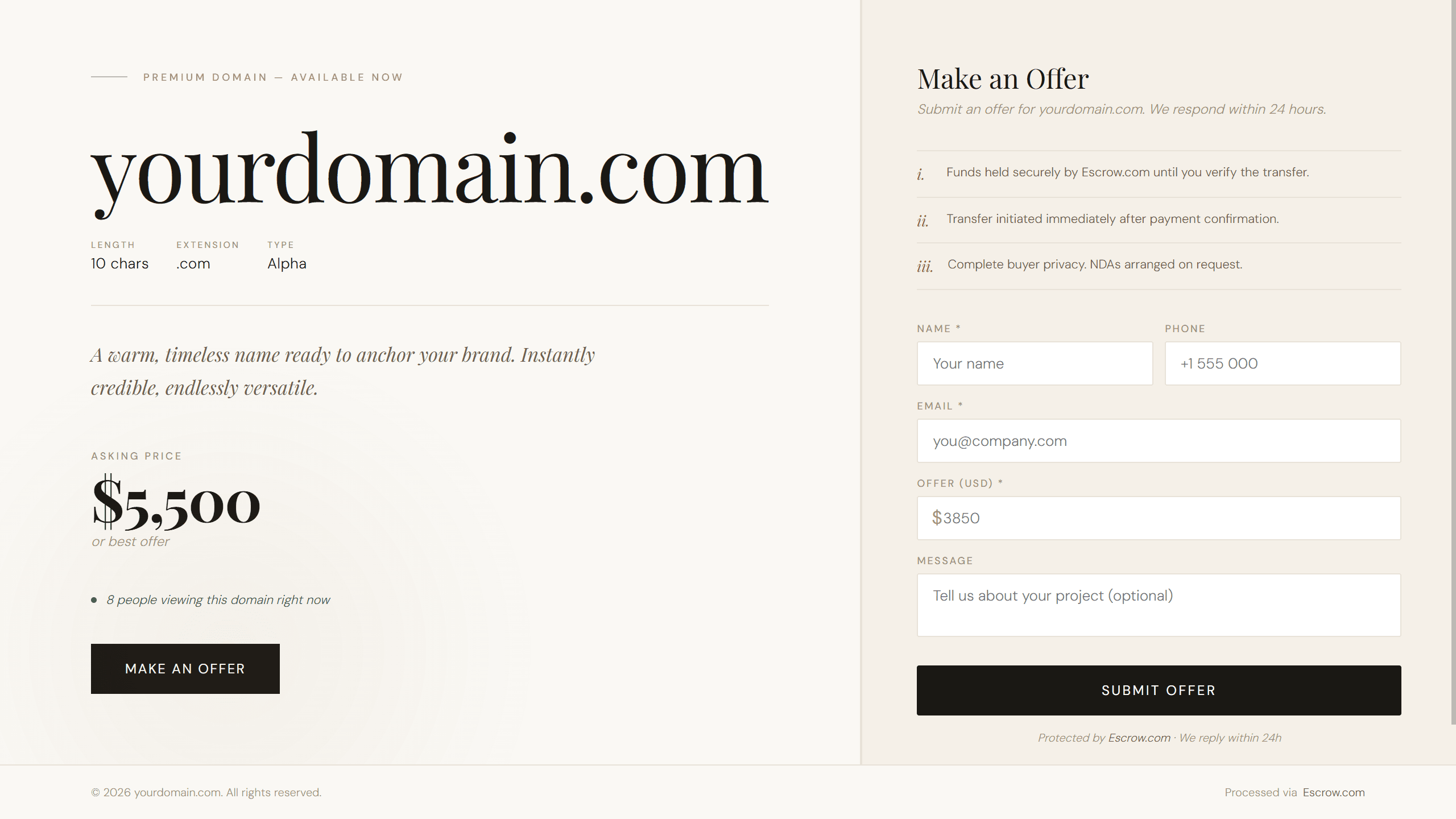 Ivory domain lander template preview