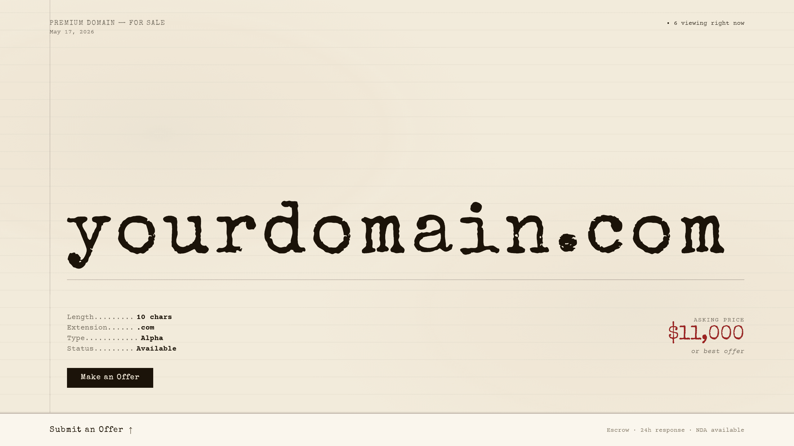 Typewriter domain lander template preview